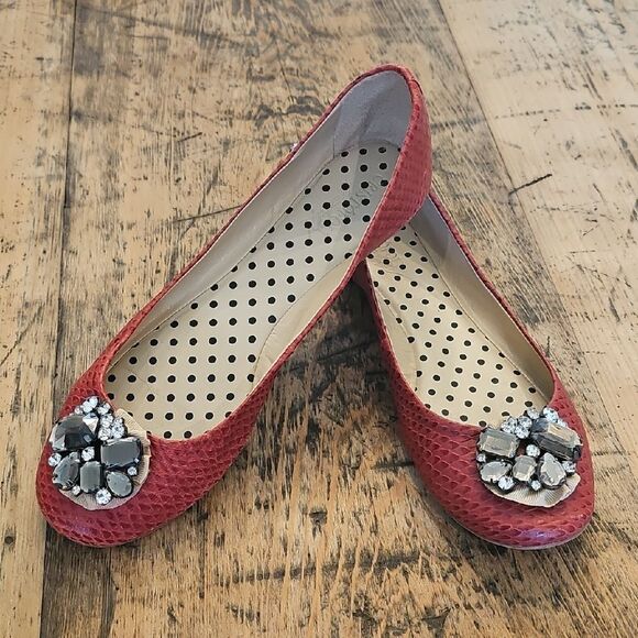 CRISTÓFOLI Red Snakeskin-Embossed Leather Ballet Flat Size 9 Rhinestone Toe - Picture 1 of 9